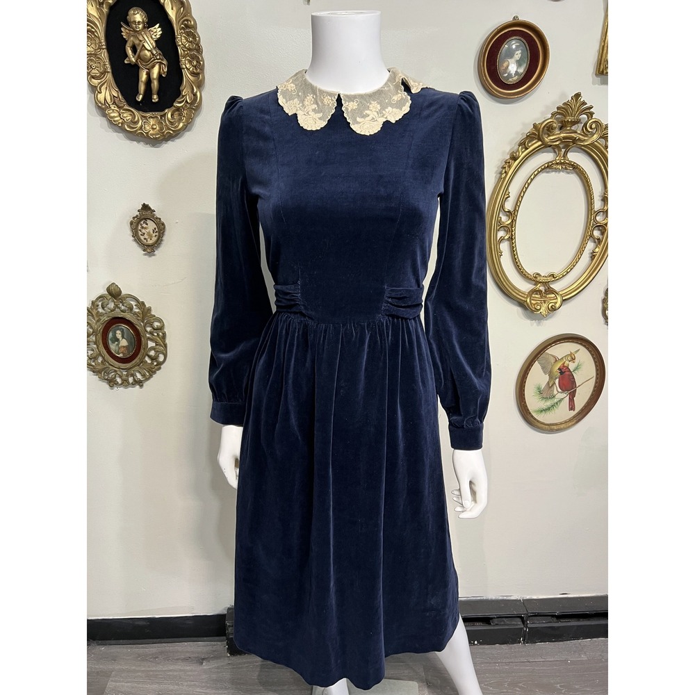 Vintage Laura Ashley Navy Blue Velvet Lace Collar Midi Dress Size 8 UK 10